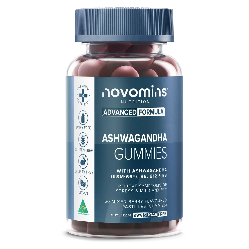A bottle of Novomins Nutrition Ashwagandha Gummies, featuring a dark blue label and cap, filled with dark red gummies, on a clean white background.