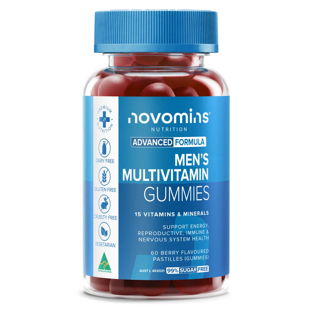A bottle of novomins Nutrition Men's Multivitamin Gummies, featuring a blue cap and a blue label with white text, filled with red gummy tablets, on a white background.