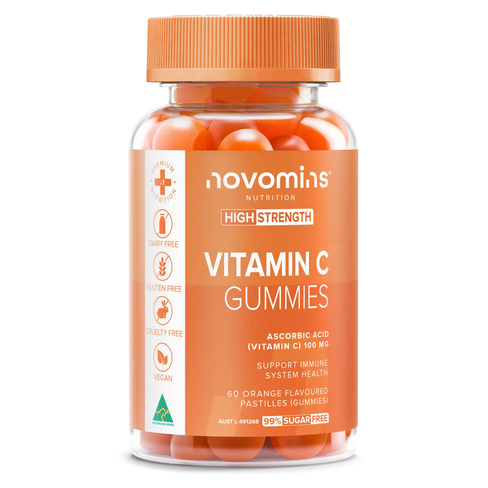 A bottle of Novomins Vitamin C Gummies with orange capsules visible through the clear container and an orange label, set against a plain white background.