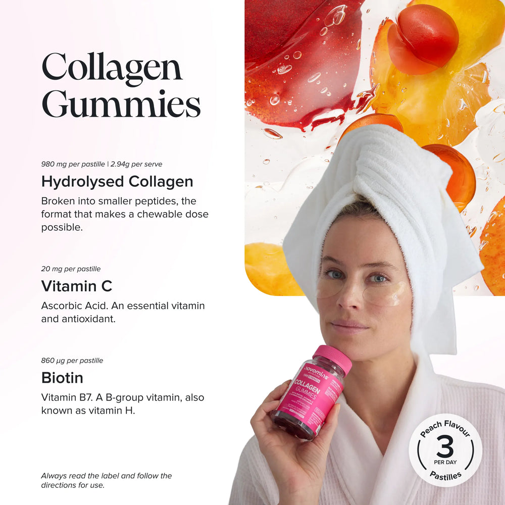 A woman in a white robe holds a pink bottle of Collagen Gummies. The left side features a white background with black text detailing the product's ingredients: Hydrolysed Collagen, Vitamin C, and Biotin, alongside a colorful splash of fruit on the right.