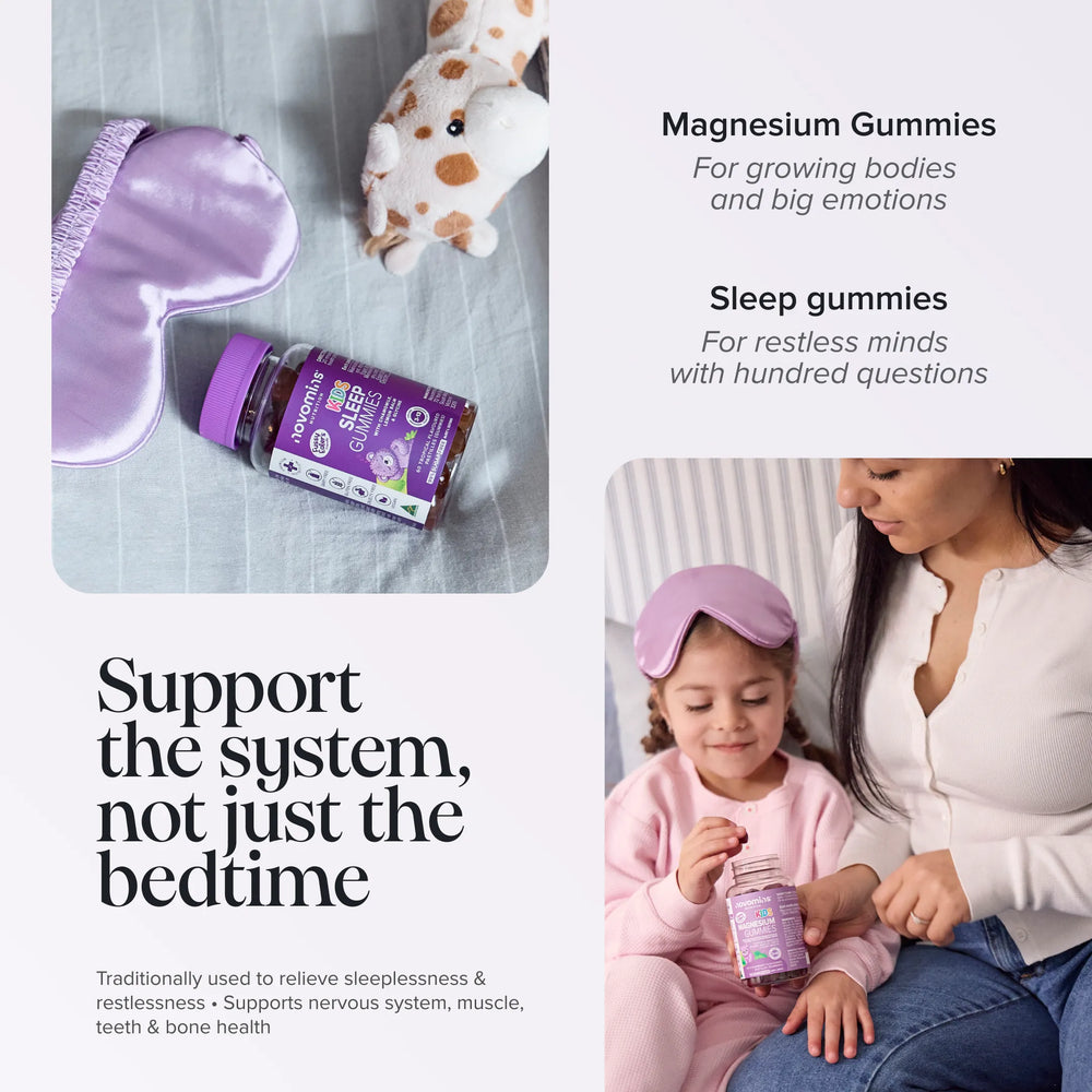 A Kids Sleep Gummies bottle on a bed beside a purple sleep mask and a plush giraffe, and a parent and child holding a Kids Magnesium Gummies bottle, headed 'Support the system, not just the bedtime'