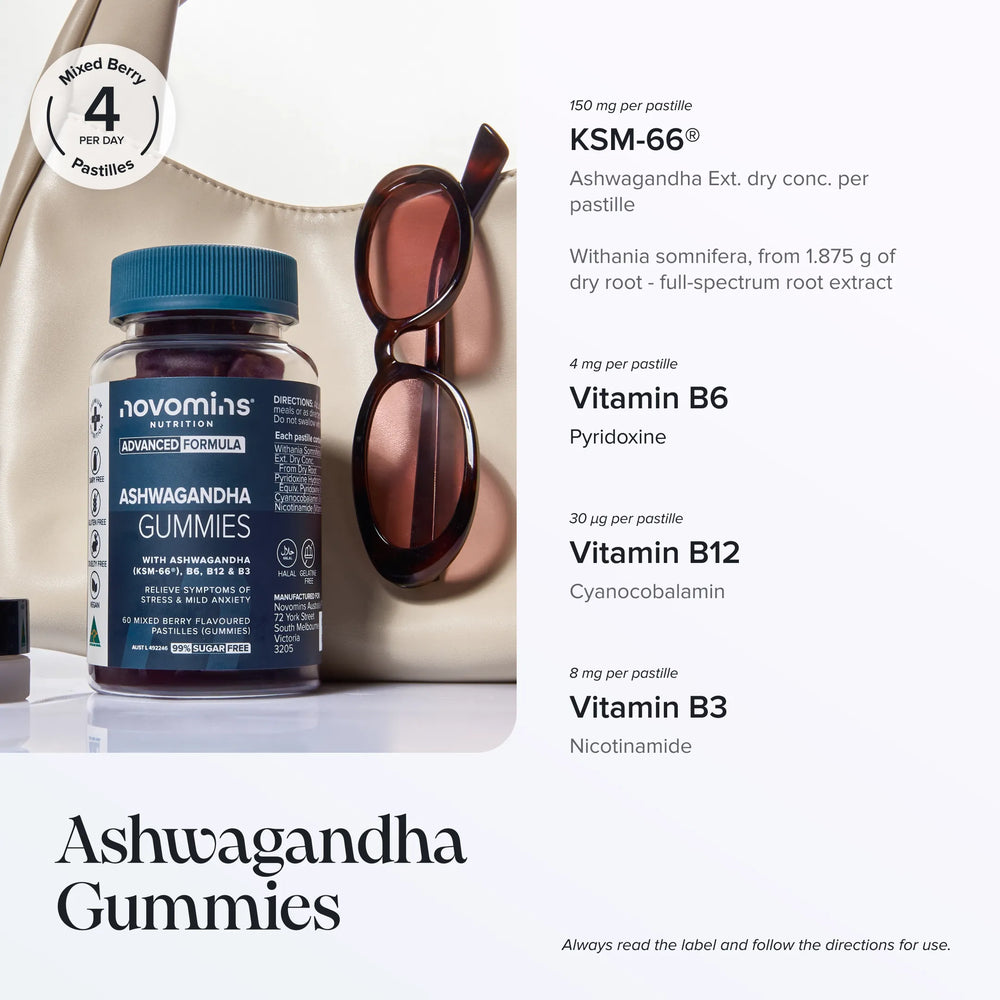 A bottle of novomin's Advanced Formulas Ashwagandha Gummies is displayed next to a beige handbag, sunglasses, and a white surface. The image includes text detailing the ingredients and dosage of the gummies, with a 'Mixed Berry' flavor indicator showing 4 ingredients per pastille.