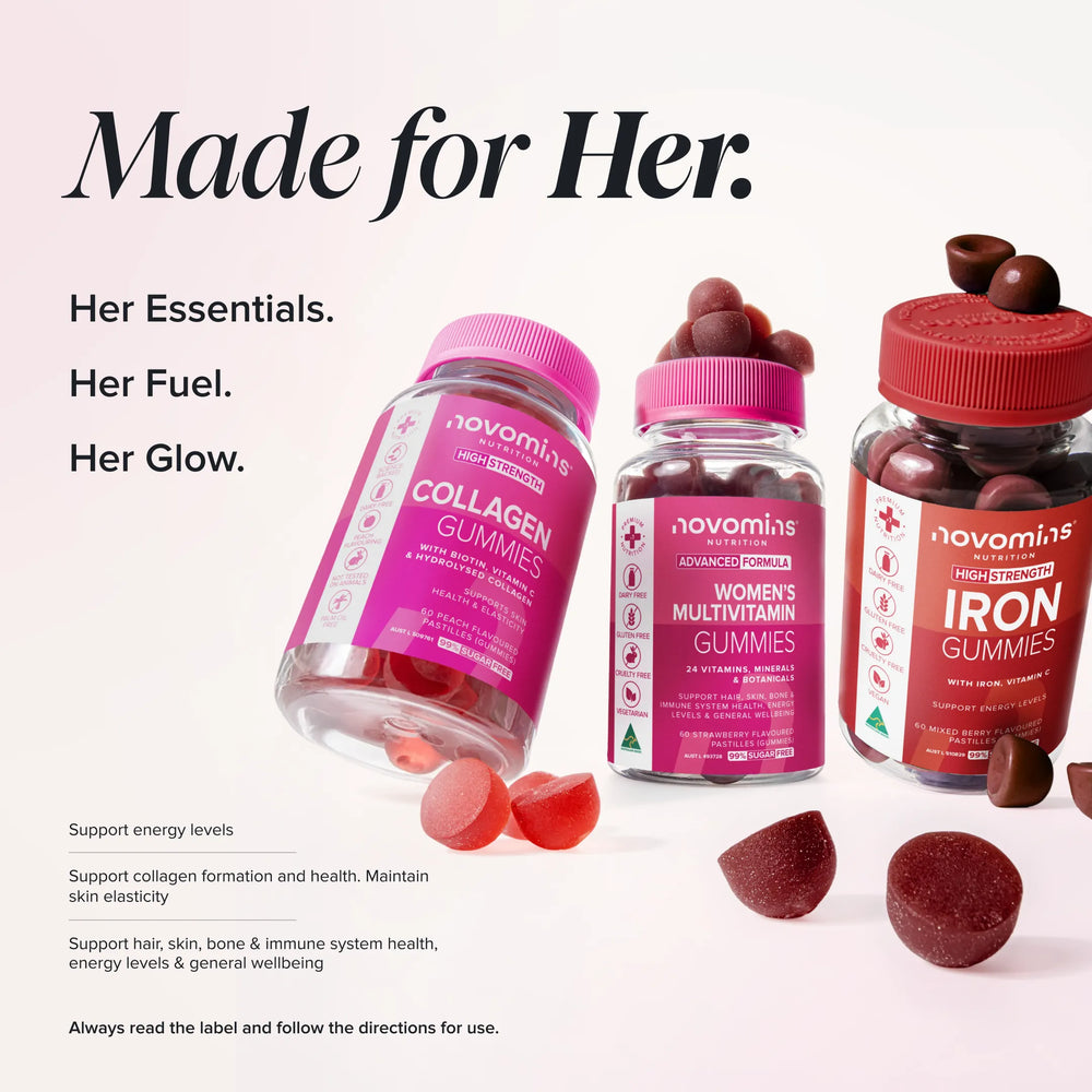 Three bottles of novomins gummies arranged on a light pink background with promotional text. The products include Collagen Gummies, Women's Multivitamin Gummies, and Iron Gummies, with loose gummy bears scattered around.