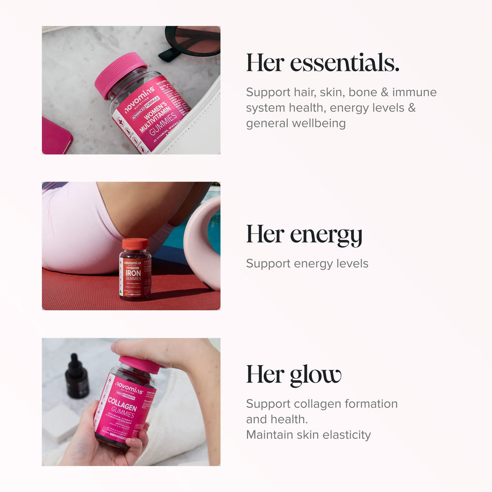 Three promotional panels showing supplement bottles in real-life settings with text callouts: 'Her essentials' for a pink bottle, 'Her energy' for an orange bottle, and 'Her glow' for a pink bottle, on a light beige background.