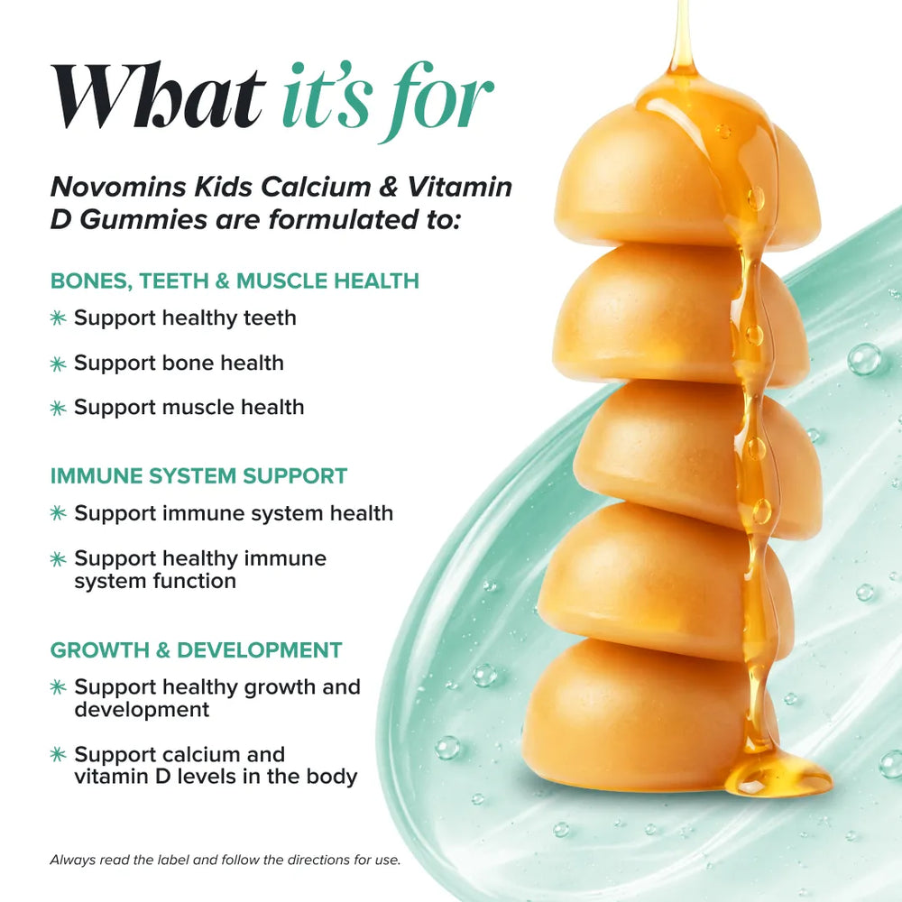 Promotional graphic for Novomins Kids Calcium & Vitamin D Gummies, showing a stack of round golden gummies dripping honey on a mint-green curved plate against a white background, with text outlining benefits for bones, teeth, muscle health, immune system, and growth.