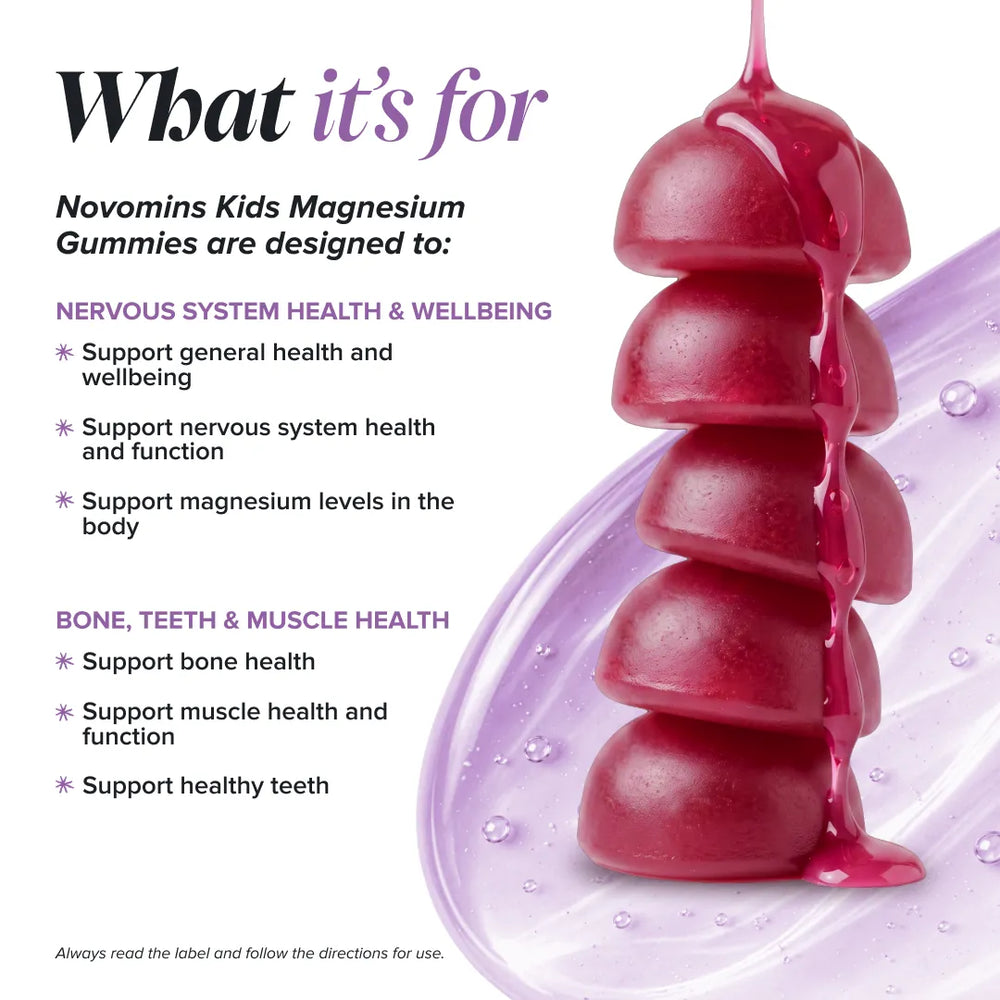 Promotional graphic for Novomins Kids Magnesium Gummies, showing a stack of deep magenta-red gummy candies dripping with syrup on a purple liquid wave, with text detailing health benefits on a white background.