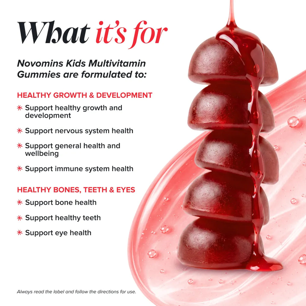 Novomins Kids Multivitamin Gummies promotional graphic with a glossy dark red gummy stack dripping on a white background, alongside text listing health benefits for growth, bones, teeth, and eyes.