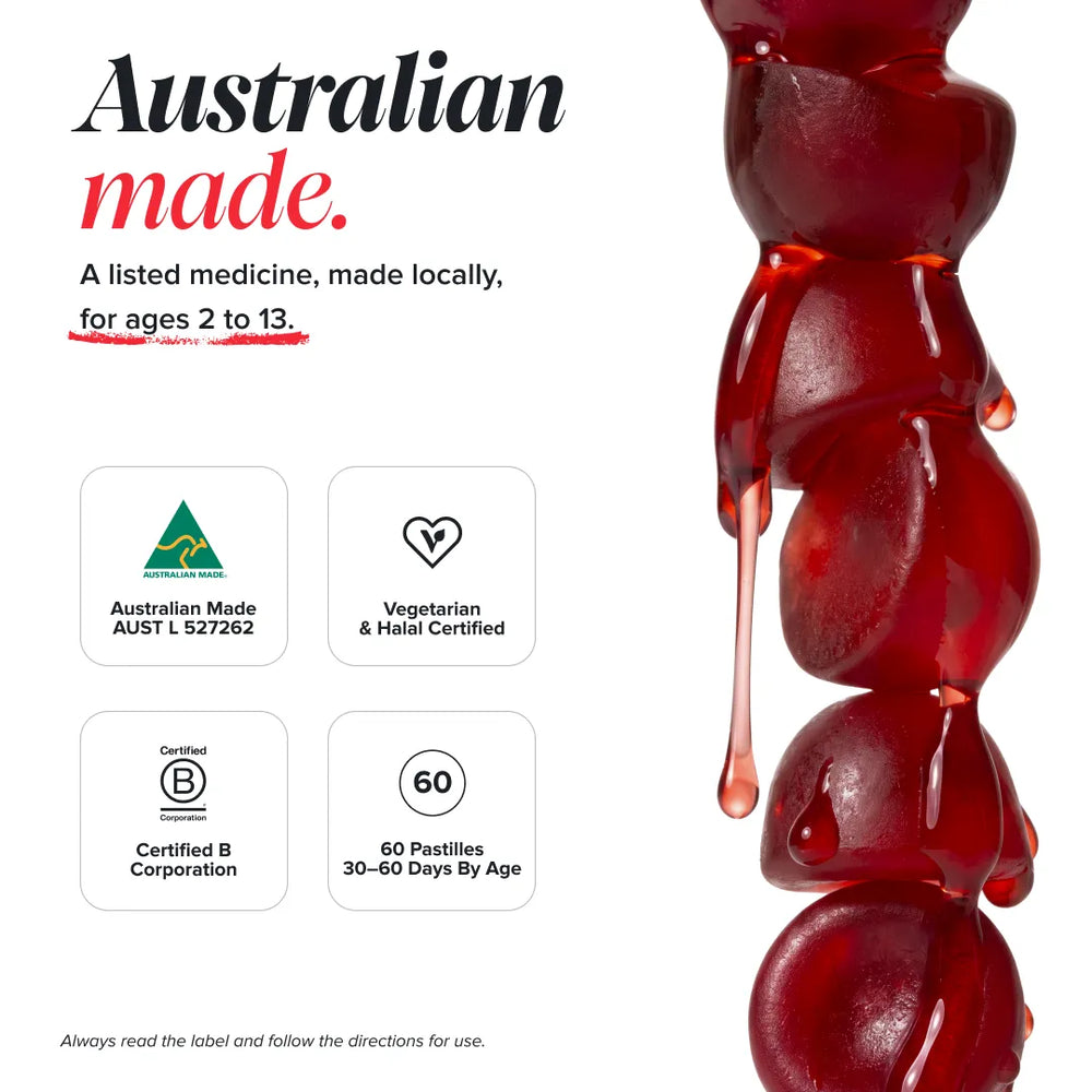 A product information graphic for a red gel paste, featuring a close-up of glossy red gel beads on the right and text on the left stating 'Australian made' and listing certification badges including Australian Made, Vegetarian & Halal Certified, and Certified B Corporation.