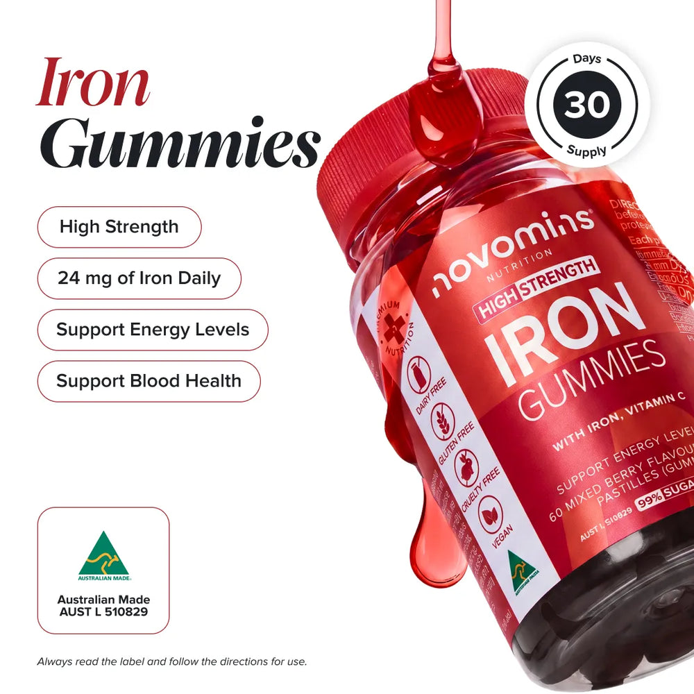 Novomins Iron Gummies bottle shown at an angle with red liquid dripping from the cap, on a white background with marketing text and badges including 'Iron Gummies', 'High Strength', '24 mg of Iron Daily', 'Support Energy Levels', 'Support Blood Health', 'Days 30 Supply', and Australian Made certification.
