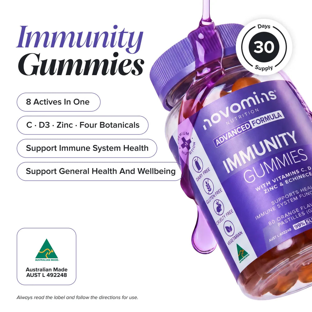 Novomins Immunity Gummies bottle with purple label and dripping purple liquid, shown on a white background with marketing text, a 30-day supply badge, and an Australian Made badge.