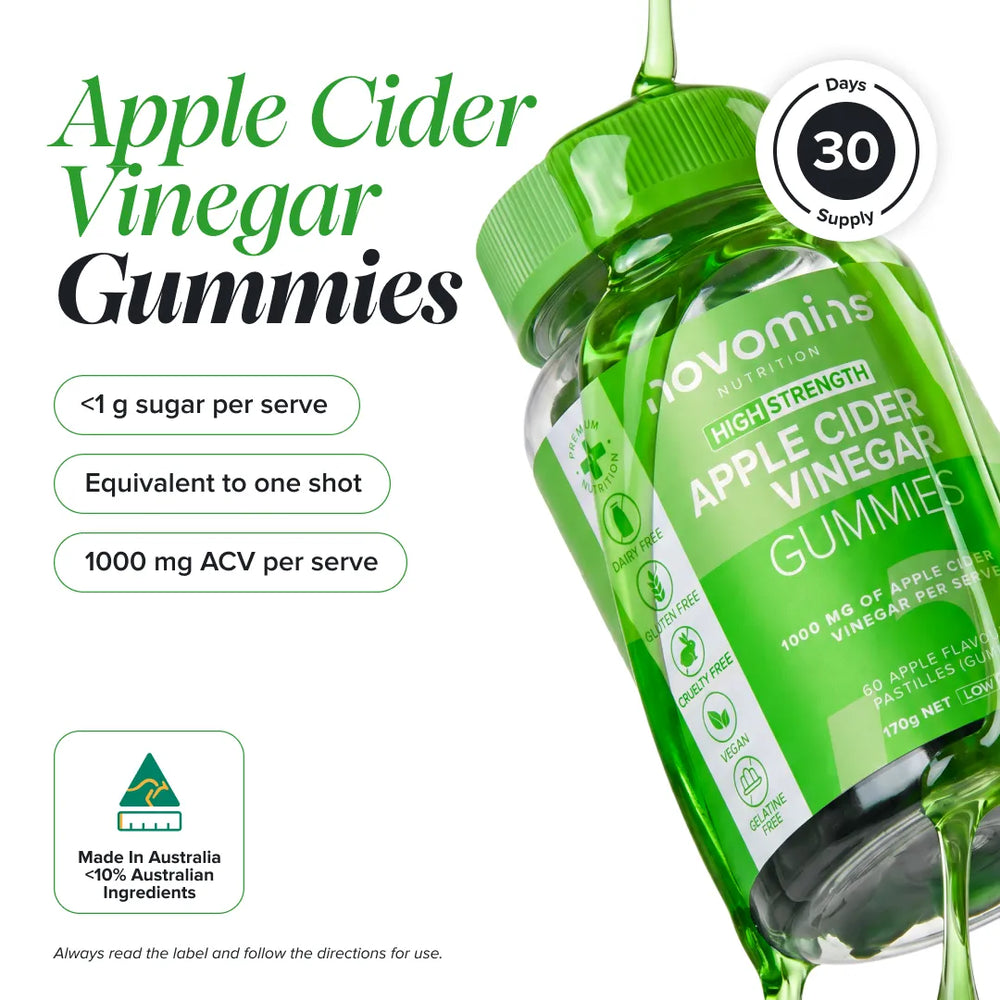 A bottle of Novominus Apple Cider Vinegar Gummies shown at an angle with green liquid dripping from the cap and bottle. The label is bright green with white text.