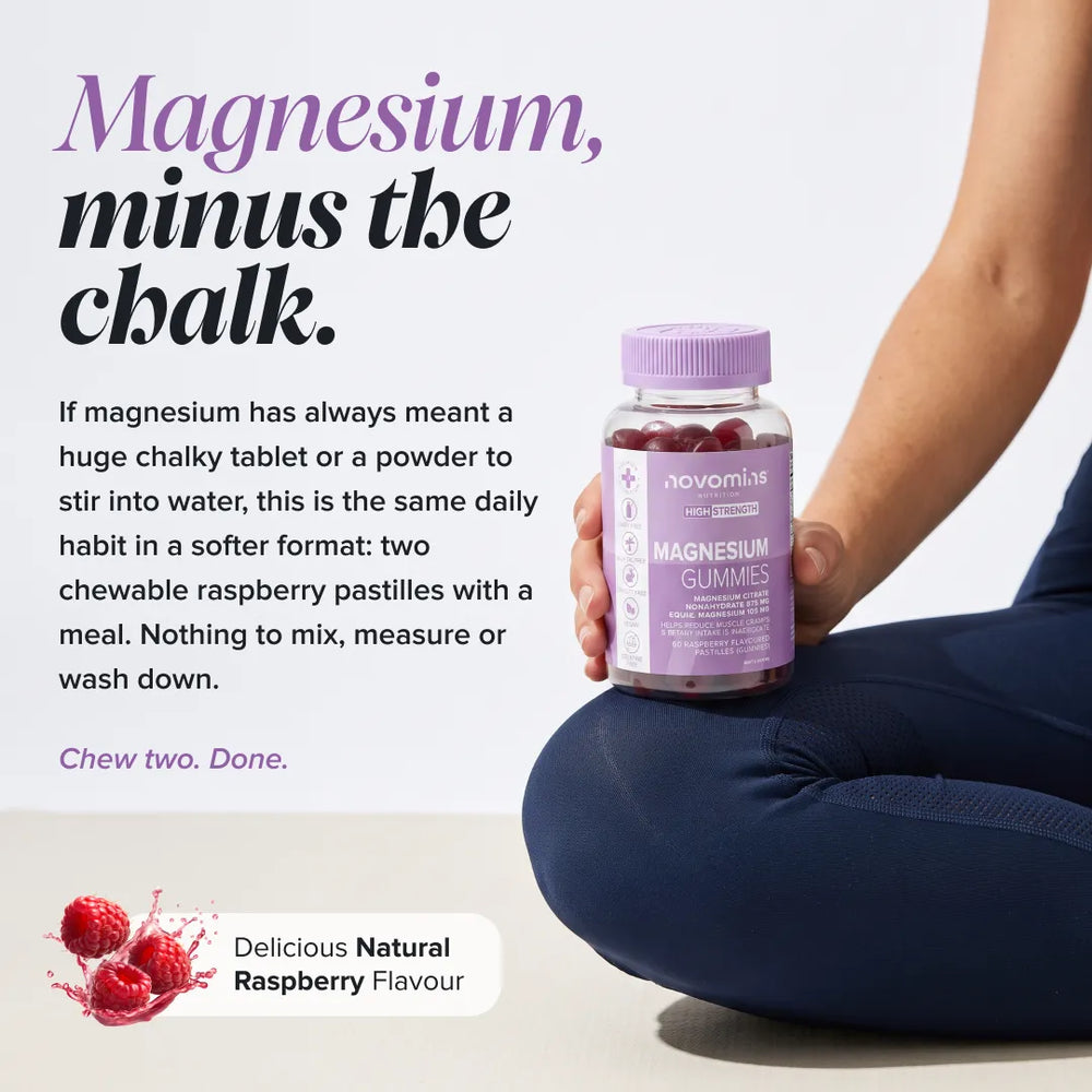 A person in dark blue leggings holds a bottle of novomixes Magnesium Gummies. The image features promotional text on the left explaining the benefits of magnesium, and a flavor badge at the bottom left indicating 'Delicious Natural Raspberry Flavour' with an image of fresh raspberries.