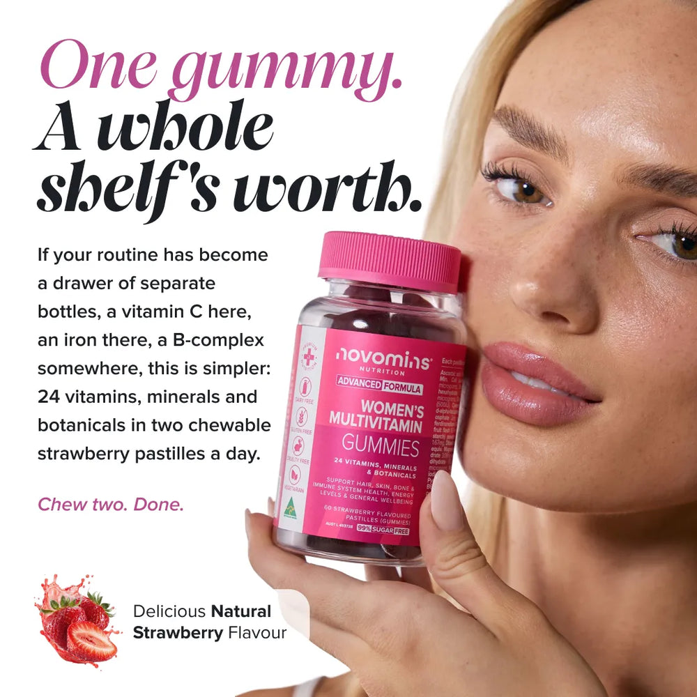 A close-up lifestyle shot of a woman holding a bottle of novomin's Women's Multivitamin Gummies next to promotional text highlighting strawberry flavor and health benefits.