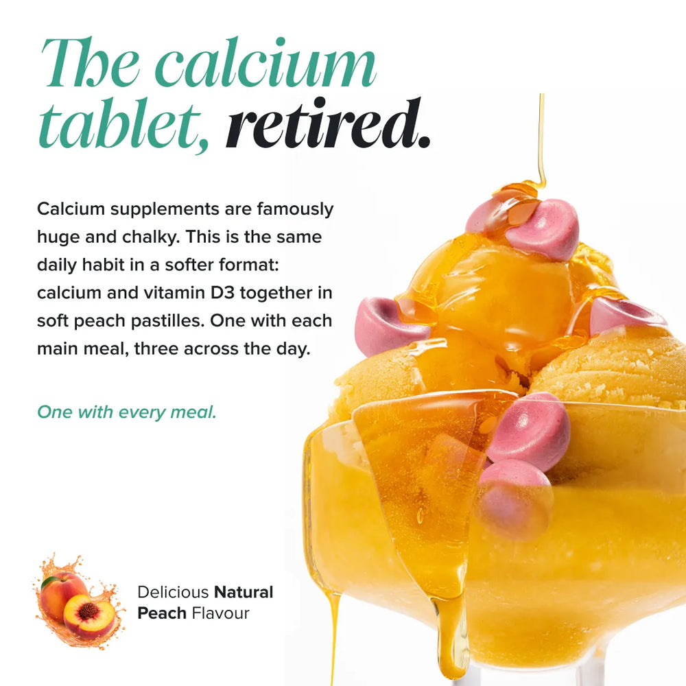 Promotional graphic for a peach-flavored calcium supplement. The text reads 'The calcium tablet, retired.