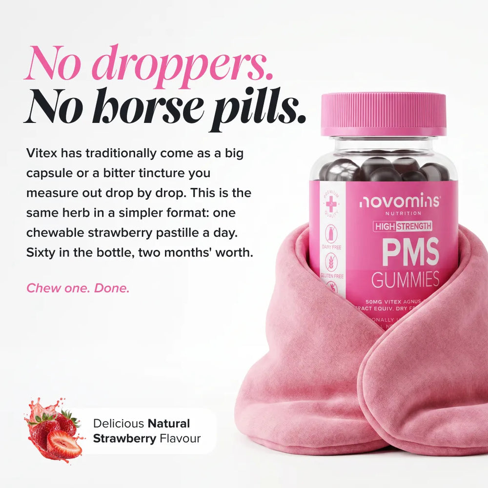 A bottle of novom1's PMS Gummies wrapped in a pink towel, with a matching pink eye mask beside it on a white background. Promotional text reads 'No droppers.