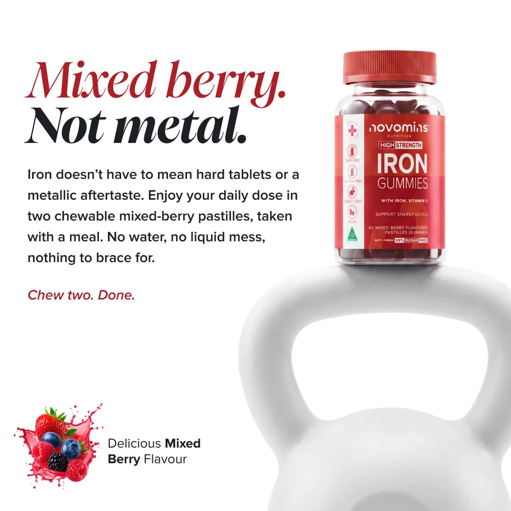 A bottle of novomins Iron Gummies with mixed berry flavor sits on a white kettlebell against a white background, with promotional text on the left describing the product benefits and flavor.