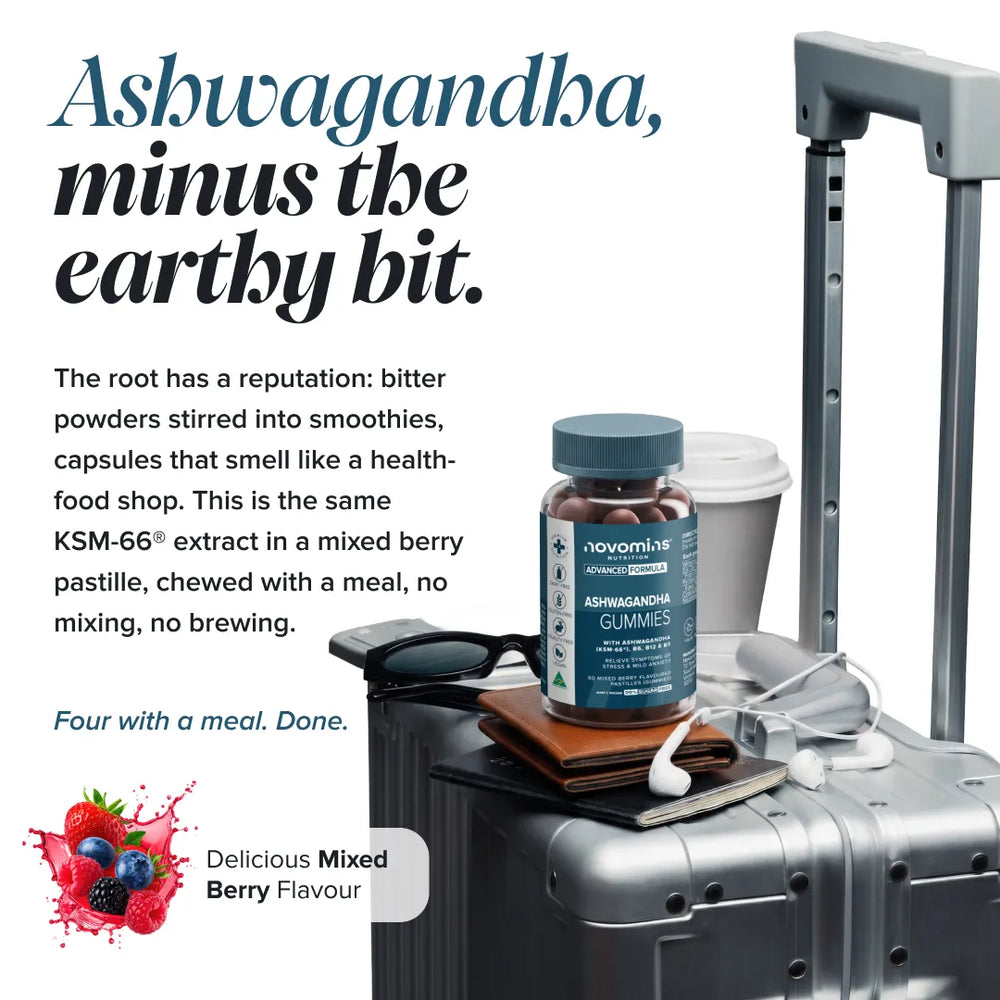 A promotional product shot for Novomira Ashwagandha Gummies, featuring a brown bottle with a blue label placed on top of a silver rolling suitcase. The scene includes a coffee cup, sunglasses, wallet, earbuds, and a small fruit splash graphic, with large headline text reading 'Ashwagandha, minus the earthy bit.