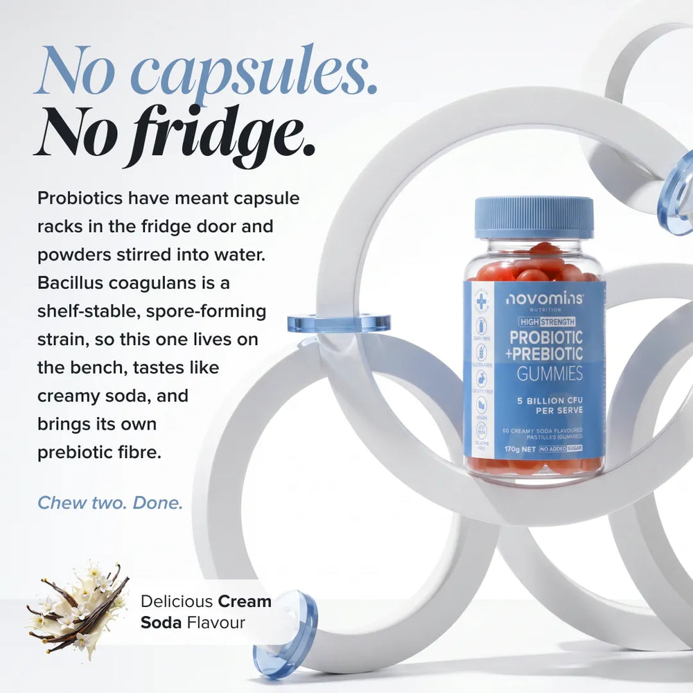 A bottle of Novomins Probiotic + Prebiotic Gummies with orange-red gummies visible through a clear container and a blue label, placed on a white background with abstract white curved rings. Large headline text reads 'No capsules.