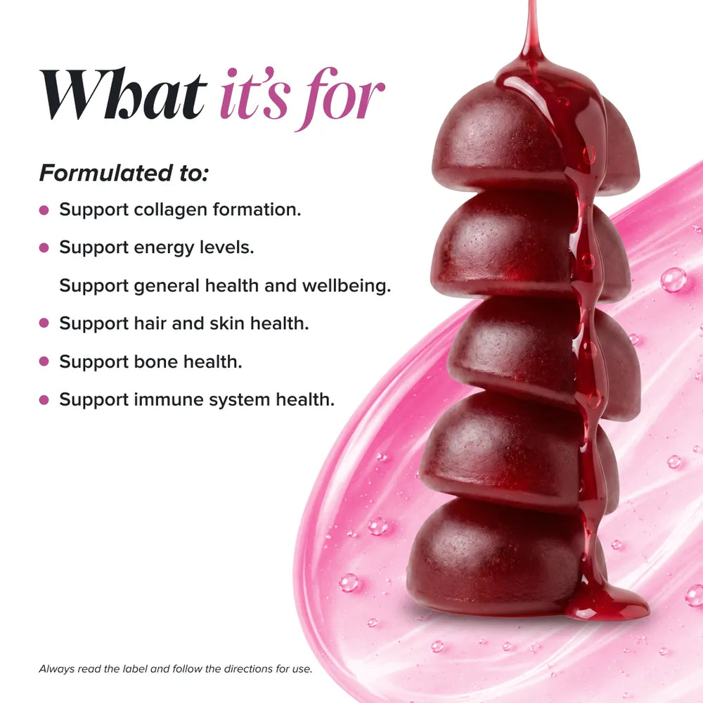 Promotional graphic for a collagen supplement showing a glossy dark red layered capsule dripping with red liquid on a pink swirled background, with text reading 'What it's for' and bullet points about supporting collagen, energy, general health, hair and skin, bone, and immune system health.