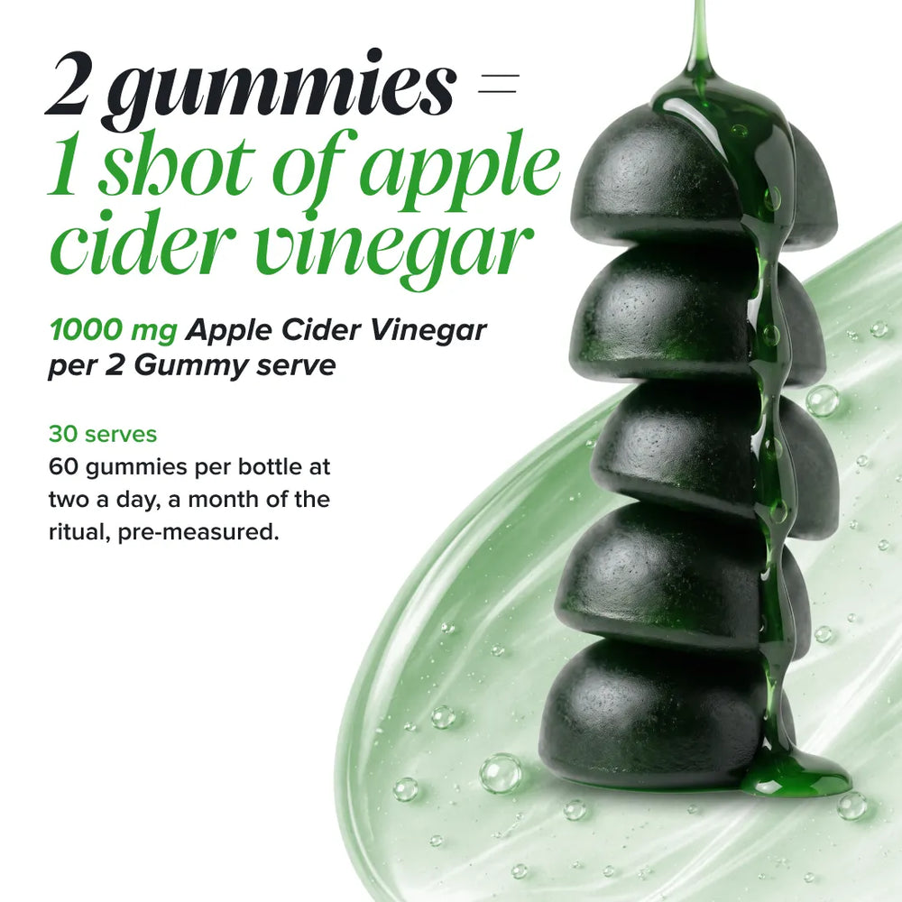 Promotional graphic for apple cider vinegar gummies showing a stack of dark green gummies with green liquid dripping down the center, alongside text stating '2 gummies = 1 shot of apple cider vinegar' and serving information on a white background.