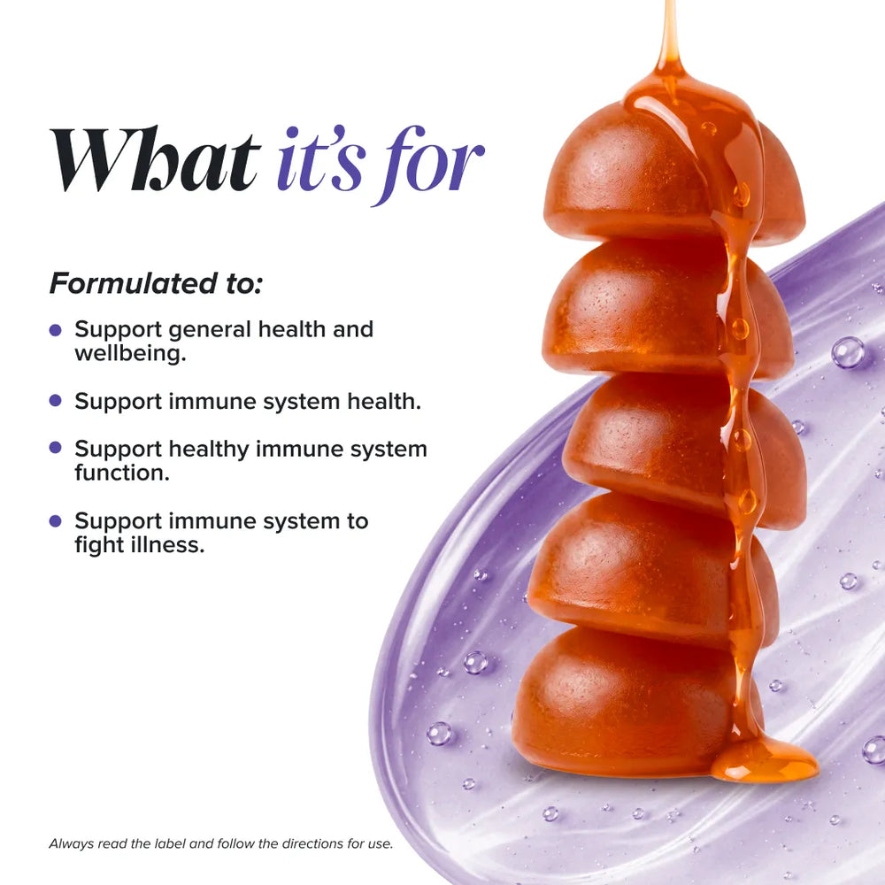 Promotional graphic with the text 'What it's for' and bullet points about immune system support, next to a glossy stack of amber-brown capsules or gummies dripping with orange syrup on a purple translucent surface against a white background.