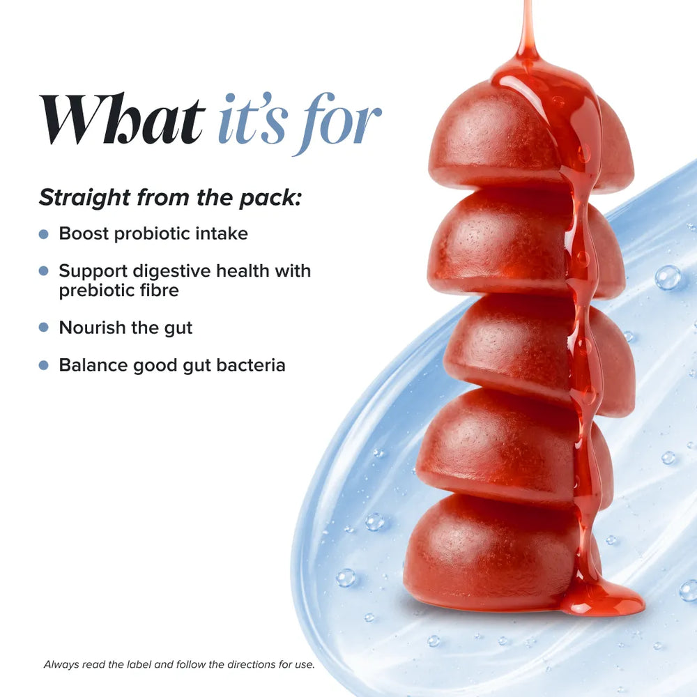 Promotional graphic for a probiotic gummy product showing a stack of red gummies dripping with red syrup on a light blue splash, with text reading 'What it's for' and bullet points about boosting probiotic intake and supporting digestive health.