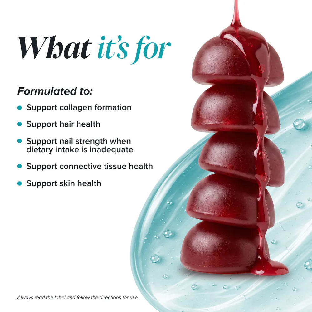Promotional graphic for a hair and skin supplement, featuring a glossy dark red, layered, dripping gel-like product on a light blue curved background. Text on the left reads 'What it's for' and lists benefits such as supporting collagen formation, hair health, nail strength, and skin health.