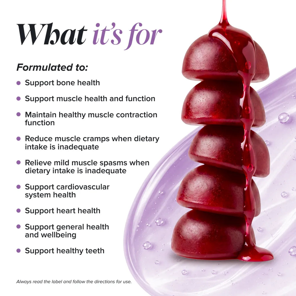 Promotional graphic for a dietary supplement, featuring a glossy stack of deep red berry drops dripping with red syrup on a purple translucent plate. The left side contains text reading 'What it's for' and a bulleted list of health benefits, including bone and muscle health.