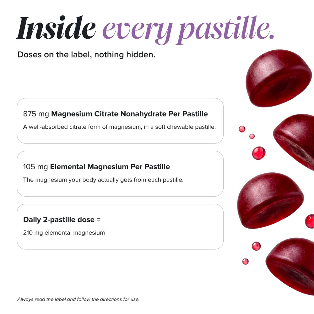 An informational marketing graphic for a magnesium supplement called 'Inside every pastille.' It features text detailing the magnesium dosage ('875 mg Magnesium Citrate Nonahydrate Per Pastille', '105 mg Elemental Magnesium Per Pastille', 'Daily 2-pastille dose = 210 mg elemental magnesium') alongside illustrations of dark red, round, translucent pastille capsules on a clean white background.