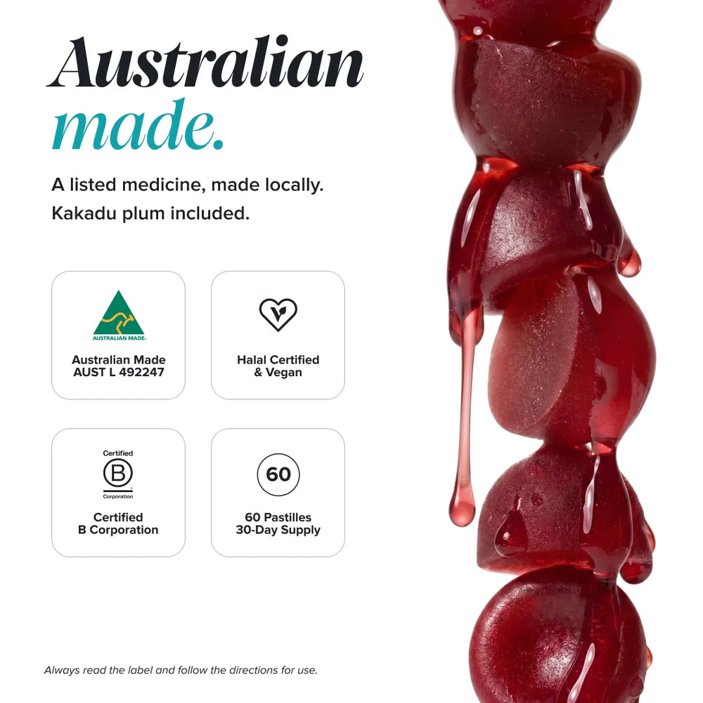 Promotional graphic for a listed medicine product made locally in Australia, featuring a vertical close-up of glossy deep red paste or jelly on the right and text and certification icons on the left including Australian Made, Halal Certified & Vegan, Certified B Corporation, and 60 pastilles 30-day supply.