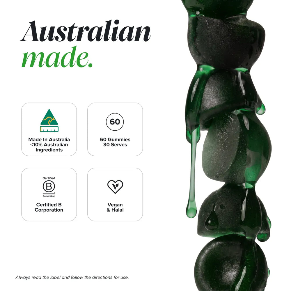 Promotional graphic for Australian made gummies, featuring a close-up of glossy dark green gummy bears on the right side and four white information boxes on the left with text about Australian ingredients, 60 gummies (30 serves), Certified B Corporation, and vegan & heaal.