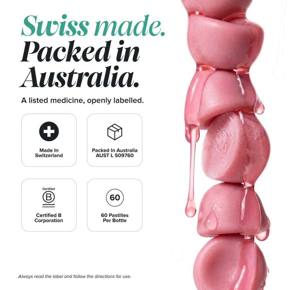 Promotional graphic for a pink pastille product showing stacked glossy pink pastilles dripping with liquid on the right, alongside text reading 'Swiss made. Packed in Australia.
