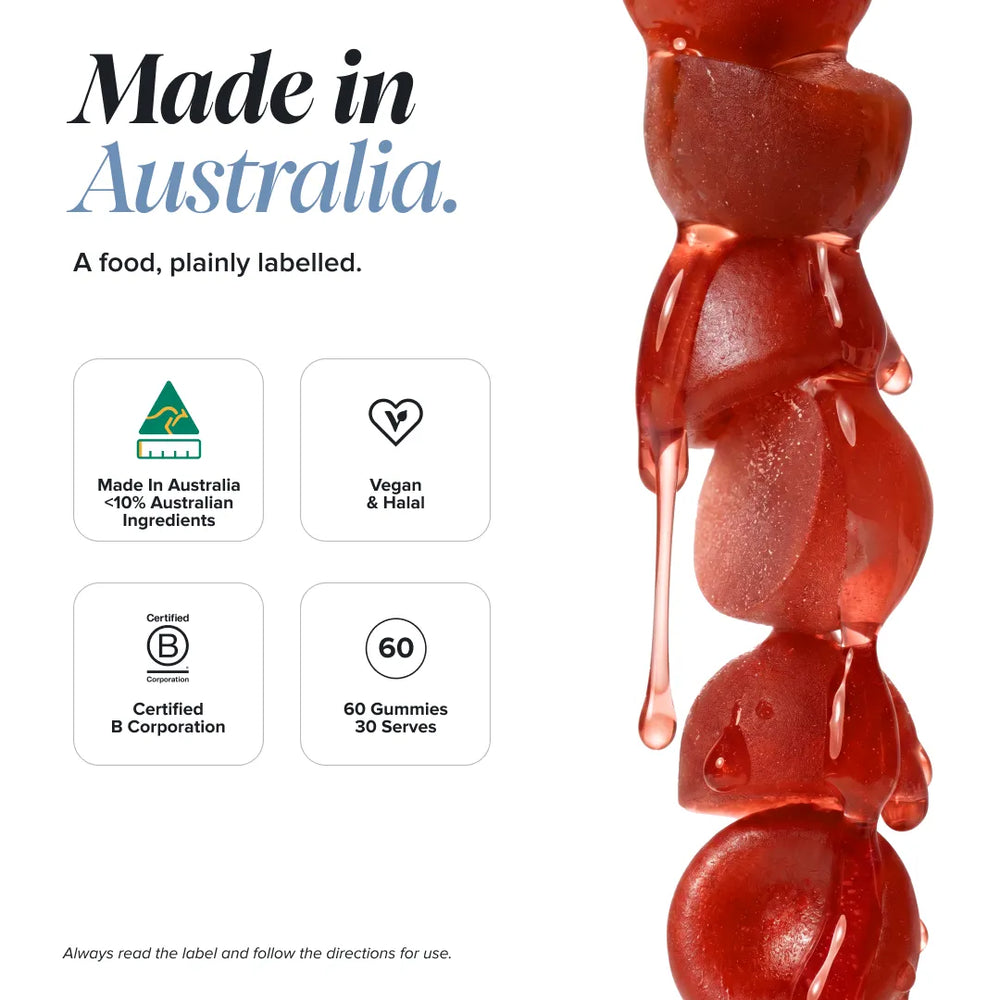 Red gummy candies dripping on a white background with text reading 'Made in Australia' and four feature callouts about Australian ingredients, vegan and halal status, B Corp certification, and 60 gummies.