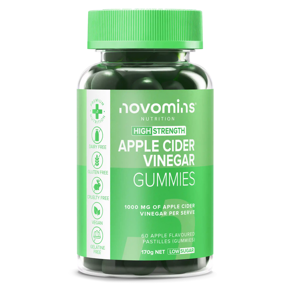 A bottle of novomins Nutrition High Strength Apple Cider Vinegar Gummies, featuring a green cap and a green label with white text, set against a plain white background.