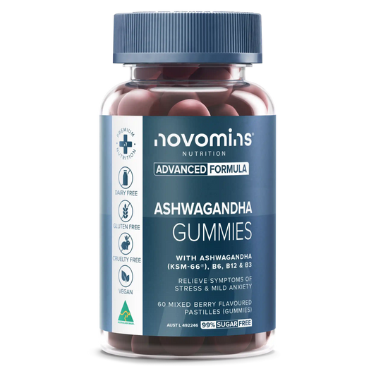 A bottle of Novomins Nutrition Ashwagandha Gummies, featuring a dark blue label and cap, filled with dark red gummies, on a clean white background.