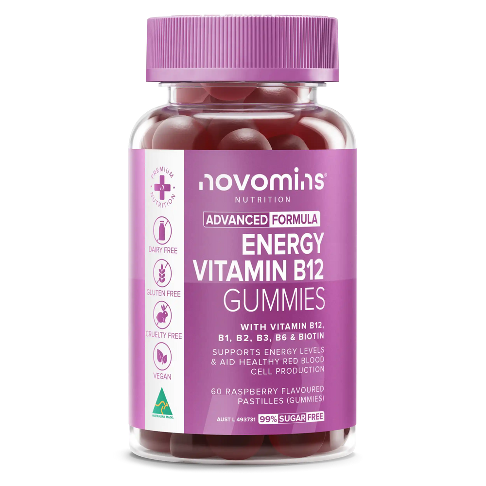 A bottle of Rovominis Nutrition Energy Vitamin B12 Gummies, featuring a purple cap and a purple label with white text, containing dark red gummy tablets visible through the clear bottle.