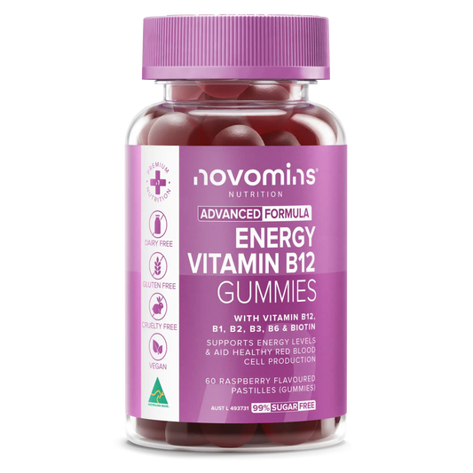 A bottle of Rovominis Nutrition Energy Vitamin B12 Gummies, featuring a purple cap and a purple label with white text, containing dark red gummy tablets visible through the clear bottle.
