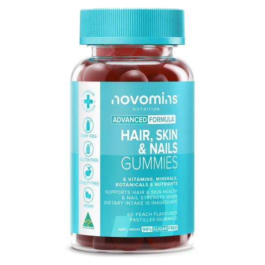 A bottle of novomins Nutrition Hair, Skin & Nails Gummies, featuring a bright teal cap and a matching teal label with red gummies visible through the clear bottle, set against a plain white background.