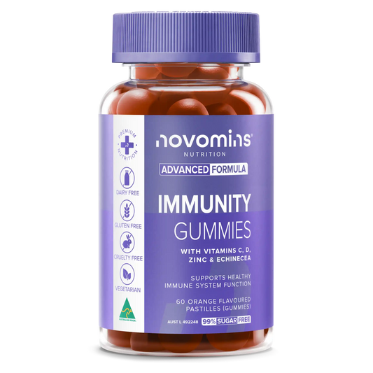 A bottle of Novomins Nutrition Immunity Gummies with orange-colored gummies visible inside a clear bottle, featuring a purple label and purple cap on a white background.
