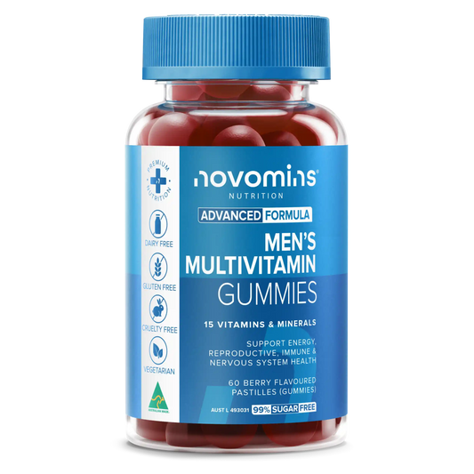 A bottle of novomins Nutrition Men's Multivitamin Gummies, featuring a blue cap and a blue label with white text, filled with red gummy tablets, on a white background.