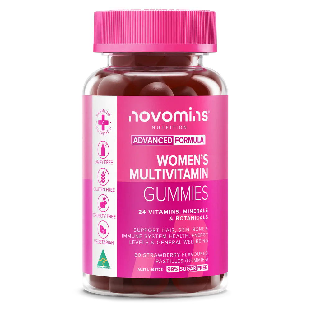 A bottle of novomins Nutrition Women's Multivitamin Gummies, featuring a bright pink cap and a pink and white label, set against a plain white background.