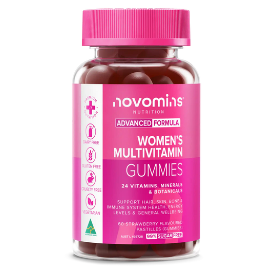 A bottle of novomins Nutrition Women's Multivitamin Gummies, featuring a bright pink cap and a pink and white label, set against a plain white background.