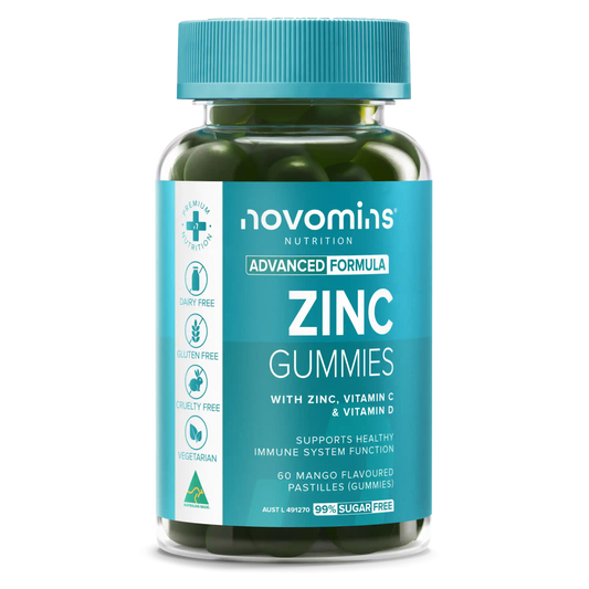 A bottle of novomins Nutrition Zinc Gummies, featuring a teal label and cap, containing dark green gummies visible through the clear bottle, set against a plain white background.