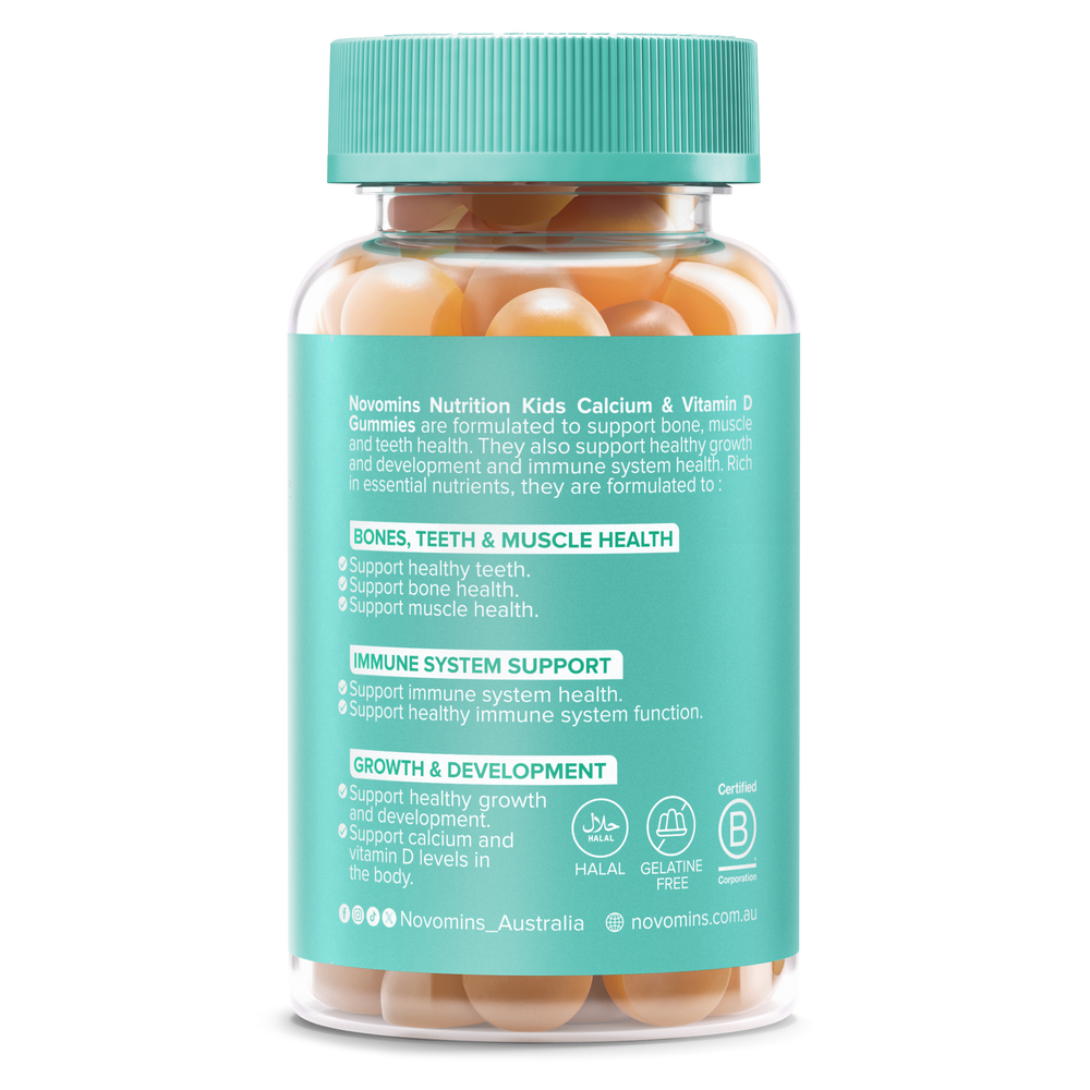A clear plastic bottle of Novomins Kids Calcium & Vitamin D Gummies with a teal cap and a teal label, showing orange-colored gummies inside. The label details product benefits and includes the Novomins Nutrition brand.