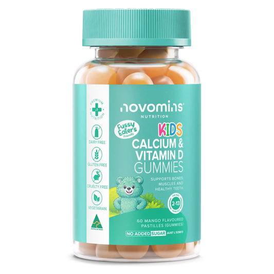 A bottle of novomins Nutrition Kids Calcium & Vitamin D Gummies, featuring orange-colored gummies visible through a clear bottle with a teal cap and label.