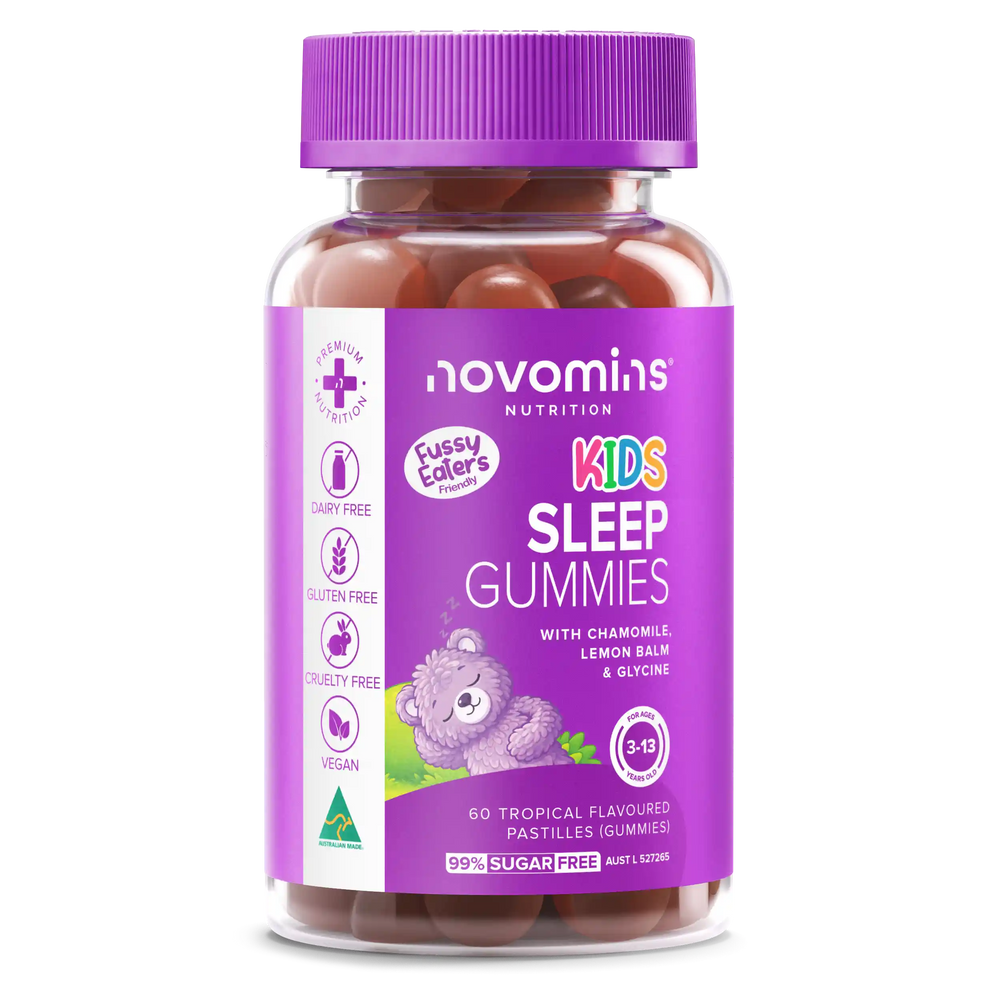A bottle of Novomins Nutrition Kids Sleep Gummies with a purple cap and purple label, containing brown gummy tablets, on a white background.