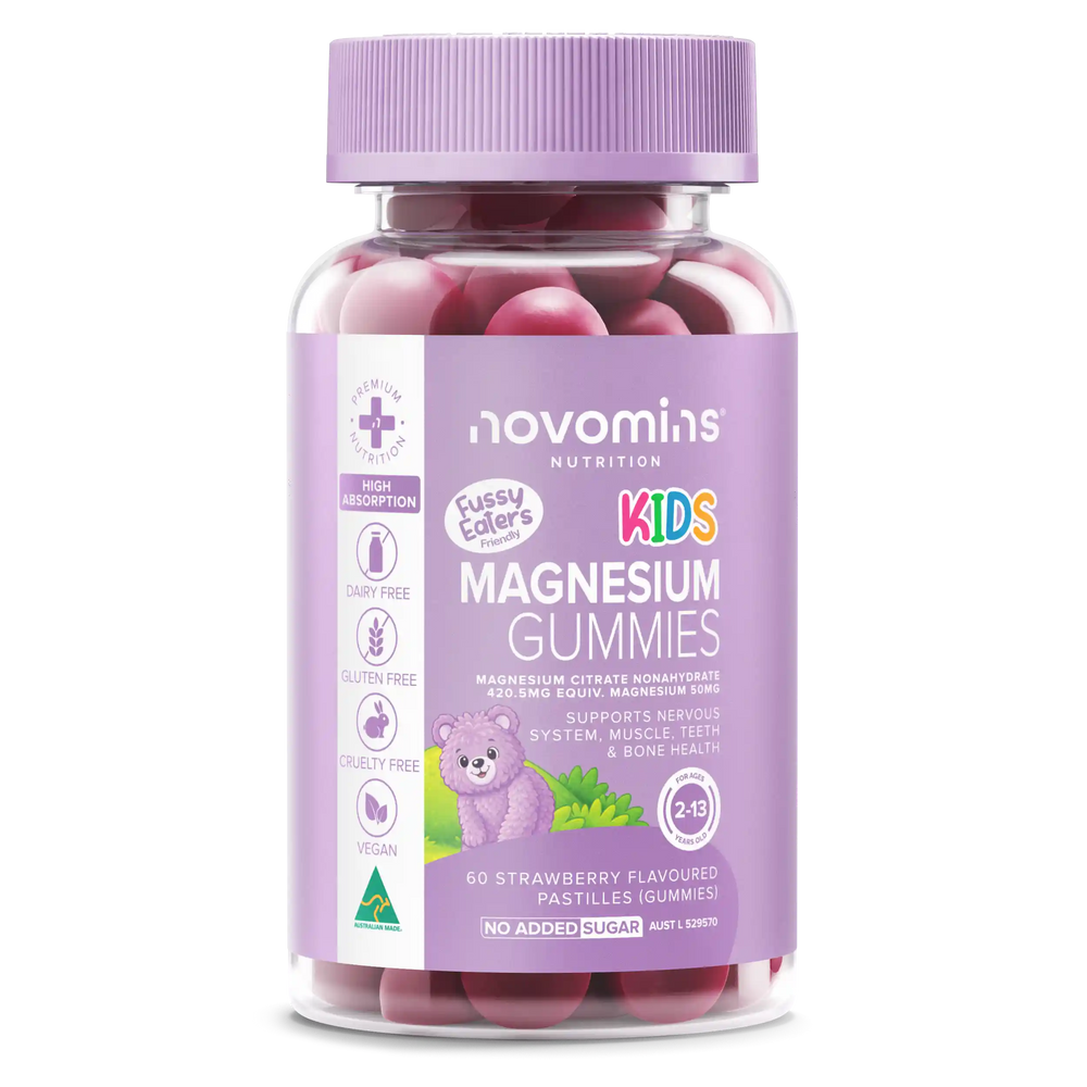 A bottle of Novomins Nutrition Kids Magnesium Gummies, featuring a lavender purple cap and label with pinkish-red gummies visible inside, on a white background.