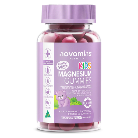 A bottle of Novomins Nutrition Kids Magnesium Gummies, featuring a lavender purple cap and label with pinkish-red gummies visible inside, on a white background.