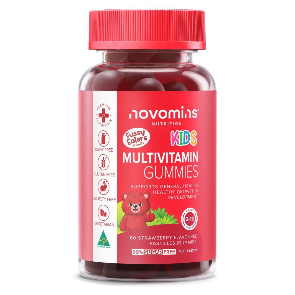 A bottle of Novomins Nutrition Fussy Eaters Kids Multivitamin Gummies, featuring a red cap and a red label with a cartoon teddy bear, set against a plain white background.

