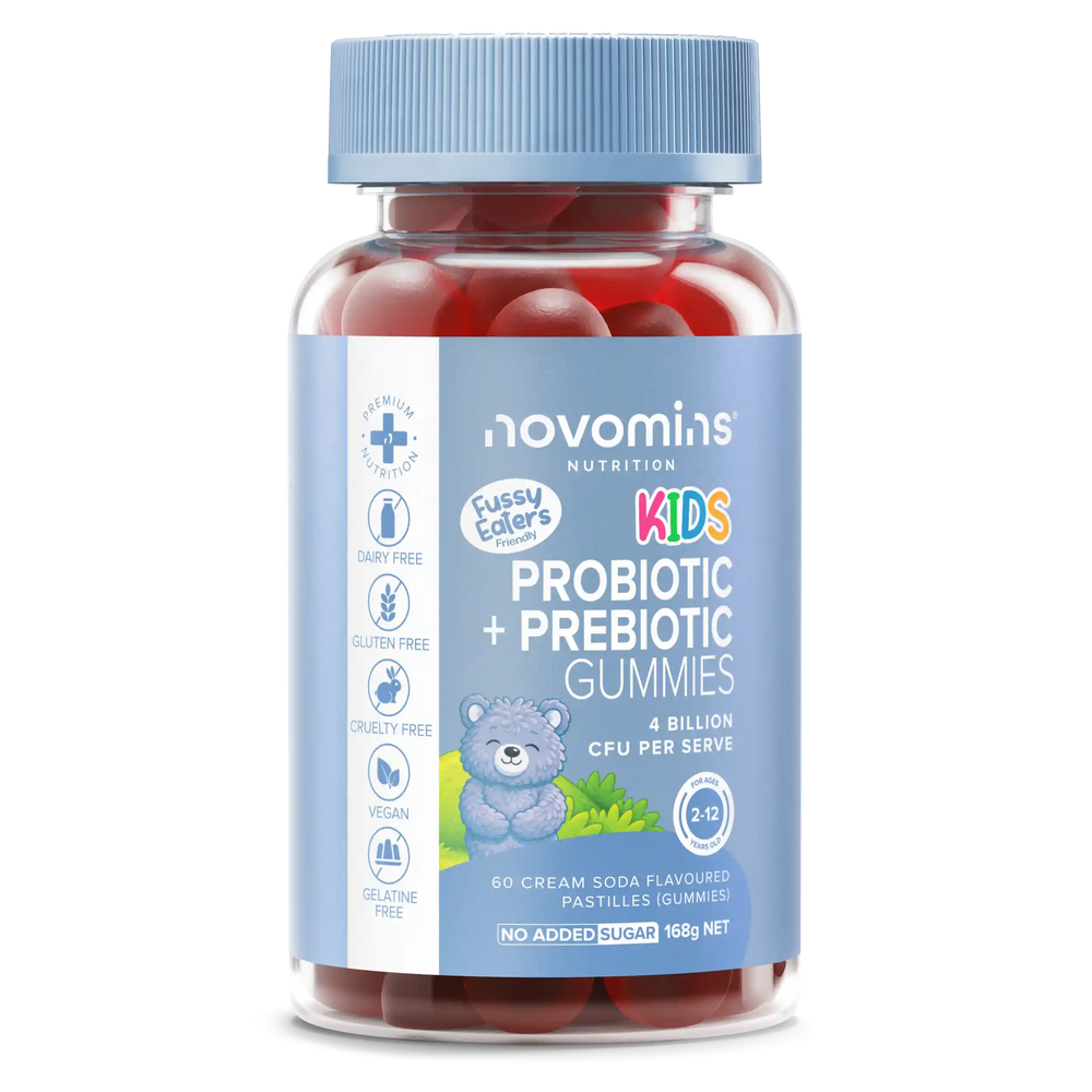 A bottle of Novomins Nutrition Fussy Eaters Kids Probiotic + Prebiotic Gummies, featuring red round gummies inside a clear bottle with a light blue cap and a light blue label.